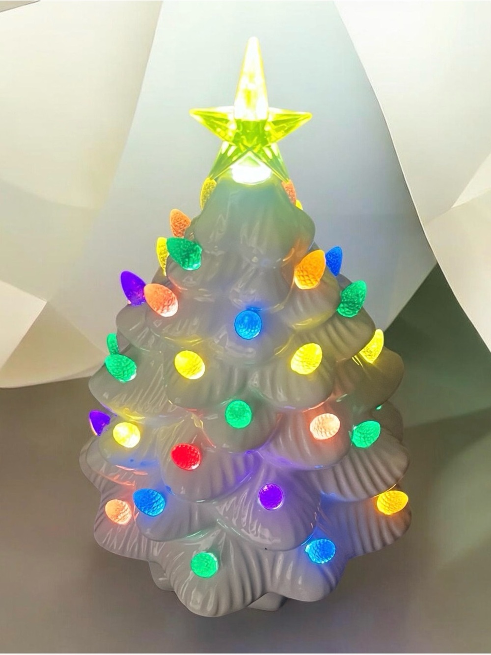 Vintage TM Co Ltd Hong Kong White Ceramic Christmas Tree 11” Battery Operated